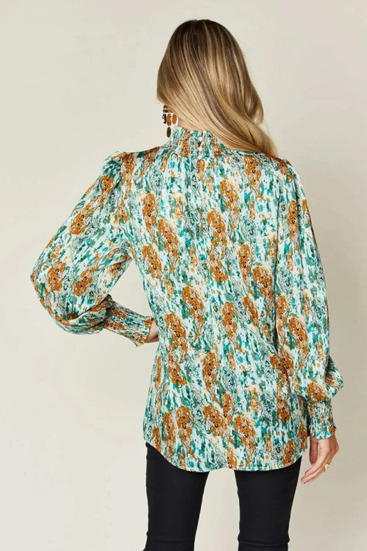 Double Take Full Size Printed Smocked Long Sleeve Blouse - ShalayeFashion
