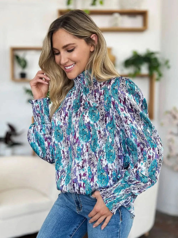 Double Take Full Size Printed Smocked Long Sleeve Blouse - ShalayeFashion