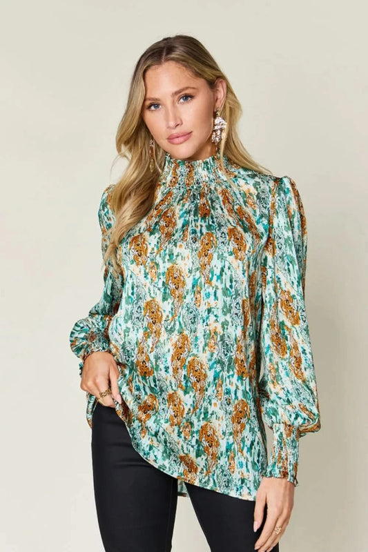 Double Take Full Size Printed Smocked Long Sleeve Blouse - ShalayeFashion