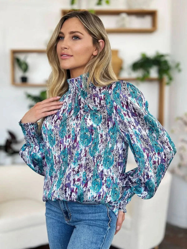 Double Take Full Size Printed Smocked Long Sleeve Blouse - ShalayeFashion