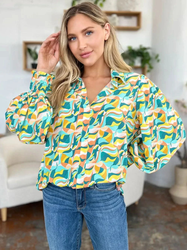 Double Take Full Size Printed Smocked Long Sleeve Blouse - ShalayeFashion
