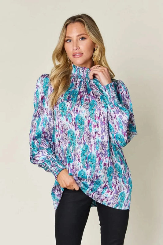 Double Take Full Size Printed Smocked Long Sleeve Blouse - ShalayeFashion