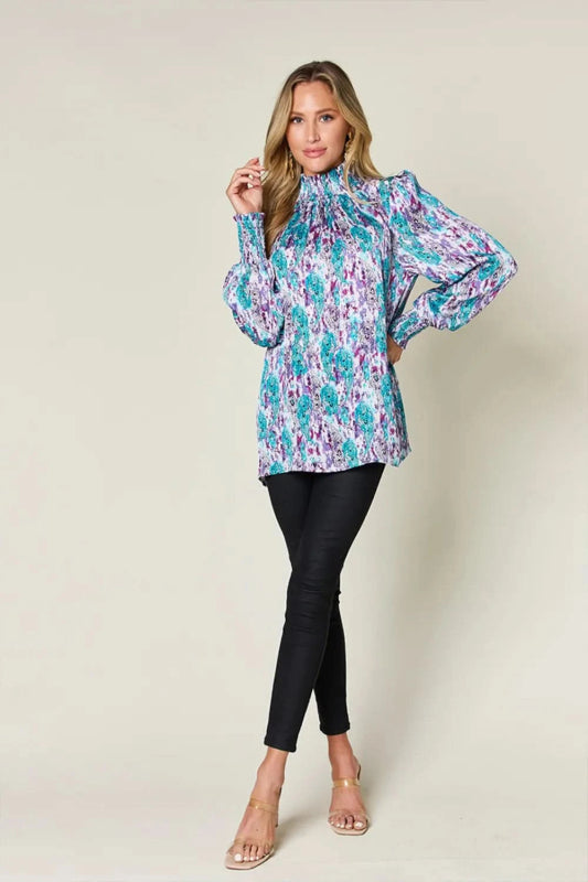 Double Take Full Size Printed Smocked Long Sleeve Blouse - ShalayeFashion