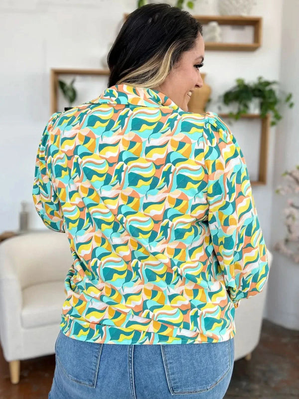 Double Take Full Size Printed Smocked Long Sleeve Blouse - ShalayeFashion