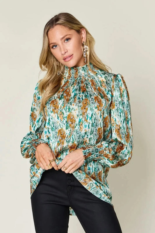 Double Take Full Size Printed Smocked Long Sleeve Blouse - ShalayeFashion