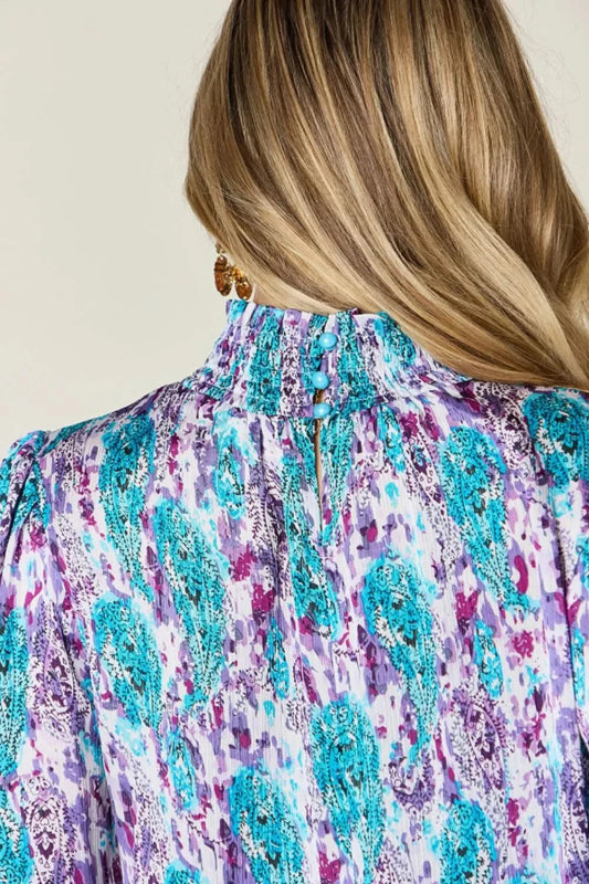 Double Take Full Size Printed Smocked Long Sleeve Blouse - ShalayeFashion
