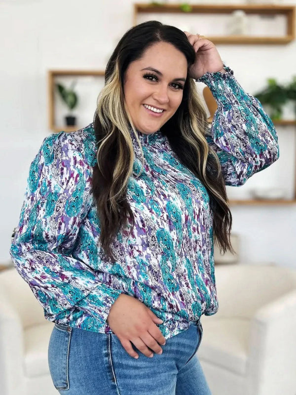 Double Take Full Size Printed Smocked Long Sleeve Blouse - ShalayeFashion