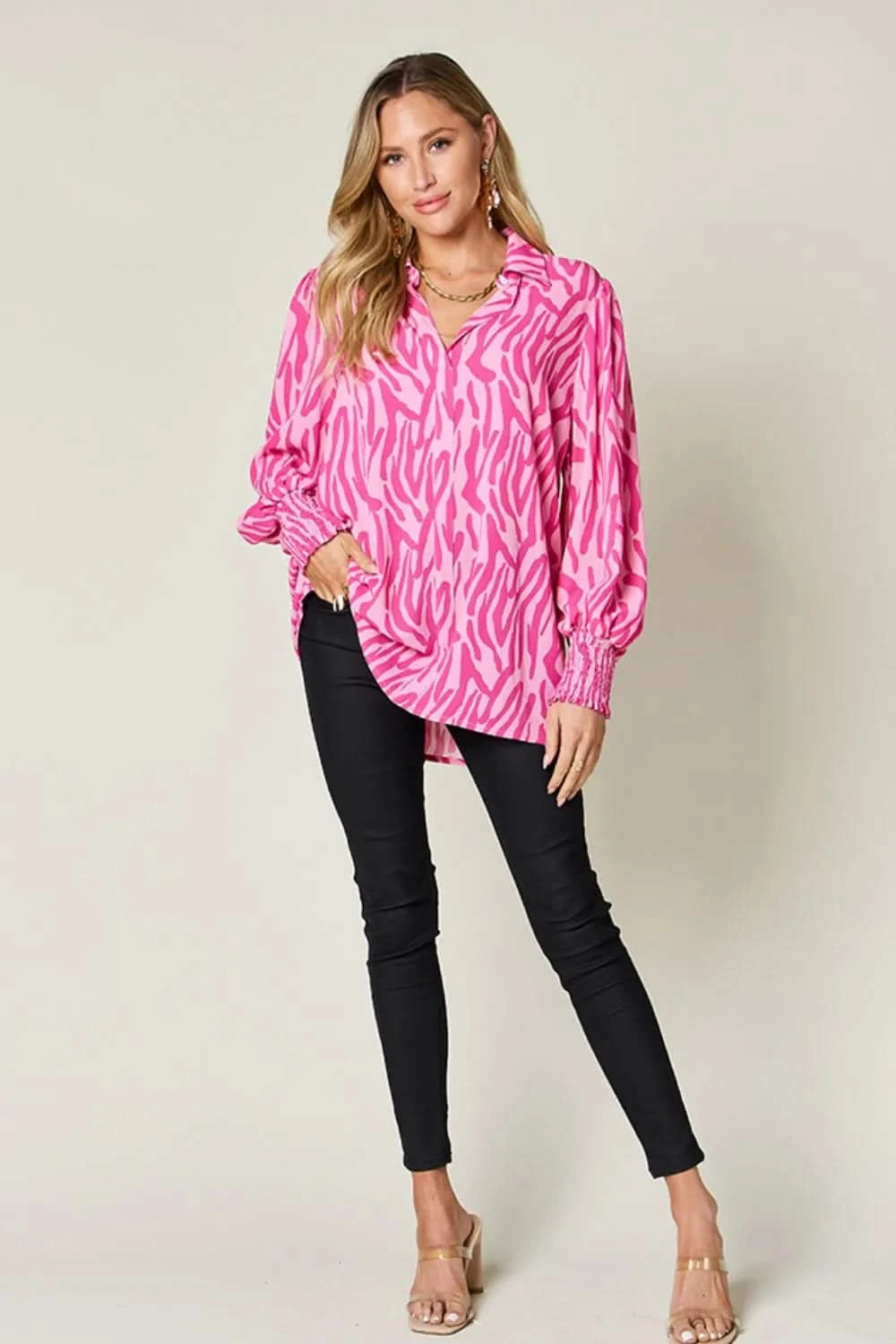 Double Take Full Size Printed Smocked Long Sleeve Blouse Plus Size - ShalayeFashion