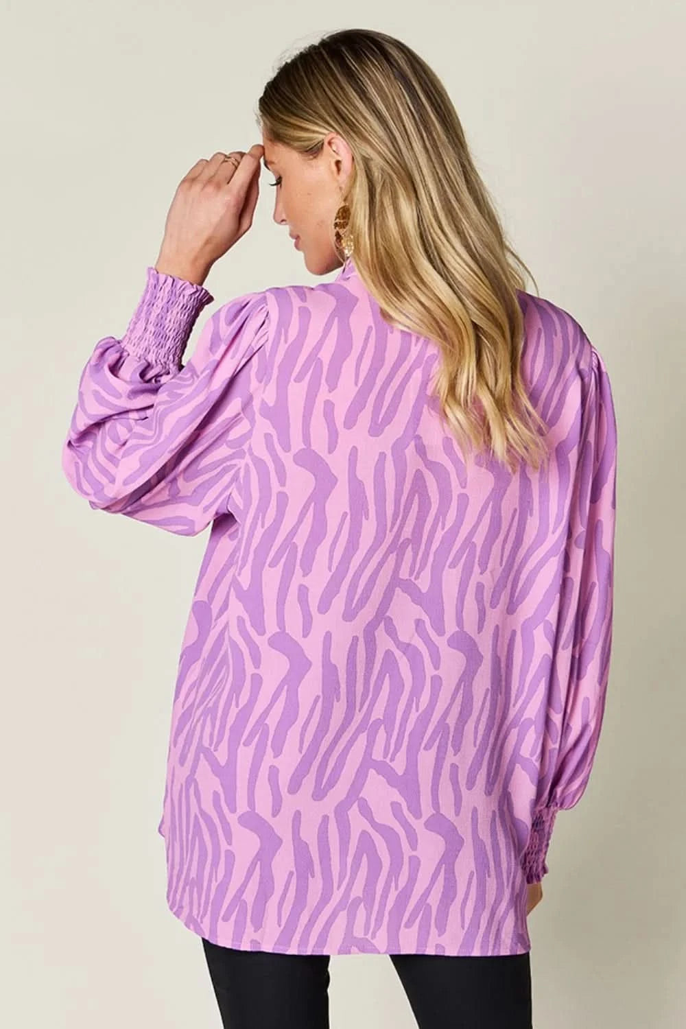 Double Take Full Size Printed Smocked Long Sleeve Blouse Plus Size - ShalayeFashion