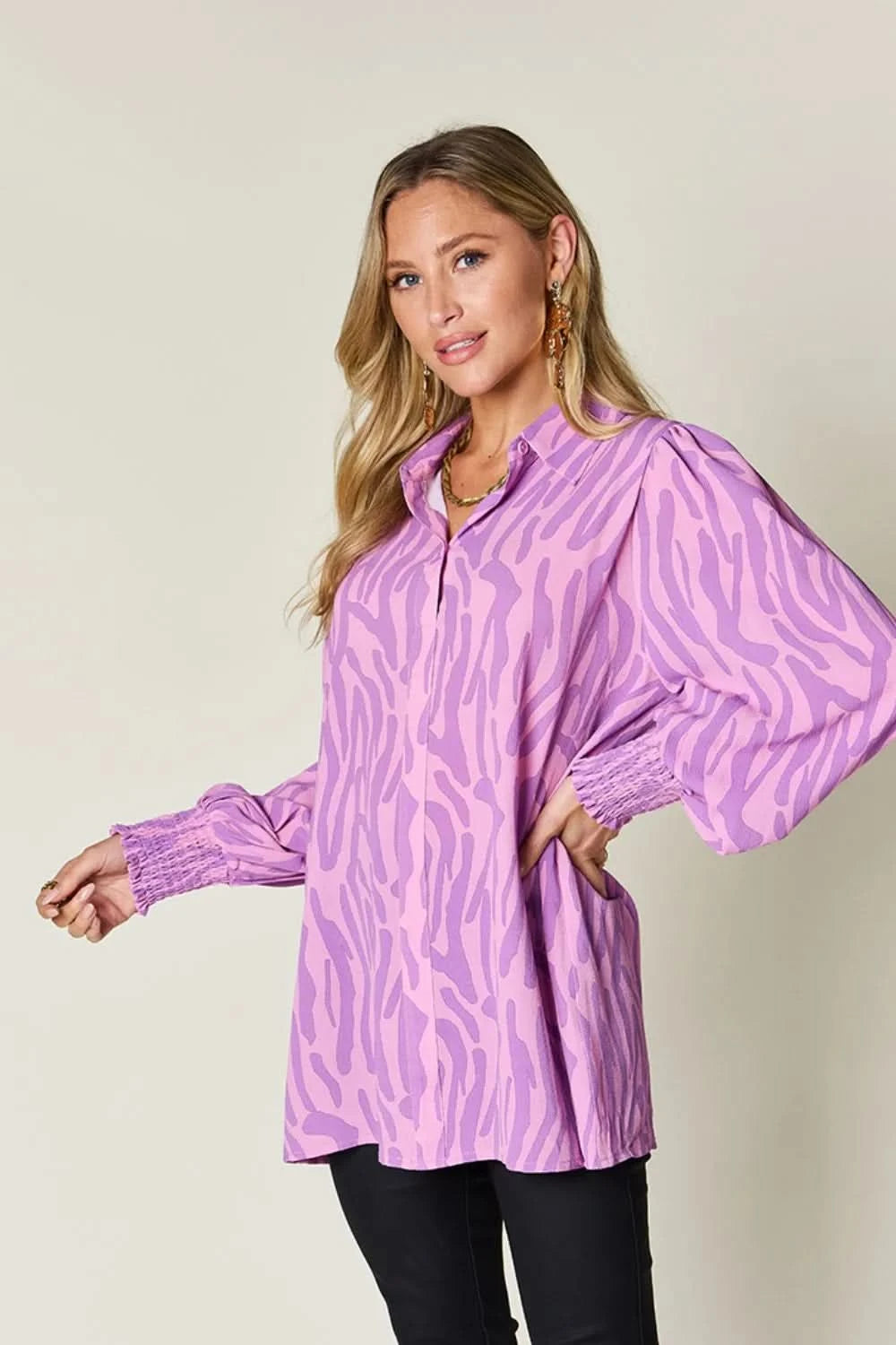 Double Take Full Size Printed Smocked Long Sleeve Blouse Plus Size - ShalayeFashion
