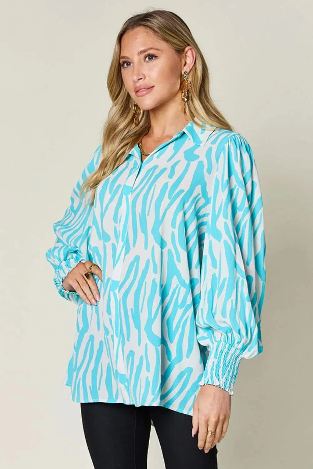 Double Take Full Size Printed Smocked Long Sleeve Blouse Plus Size - ShalayeFashion