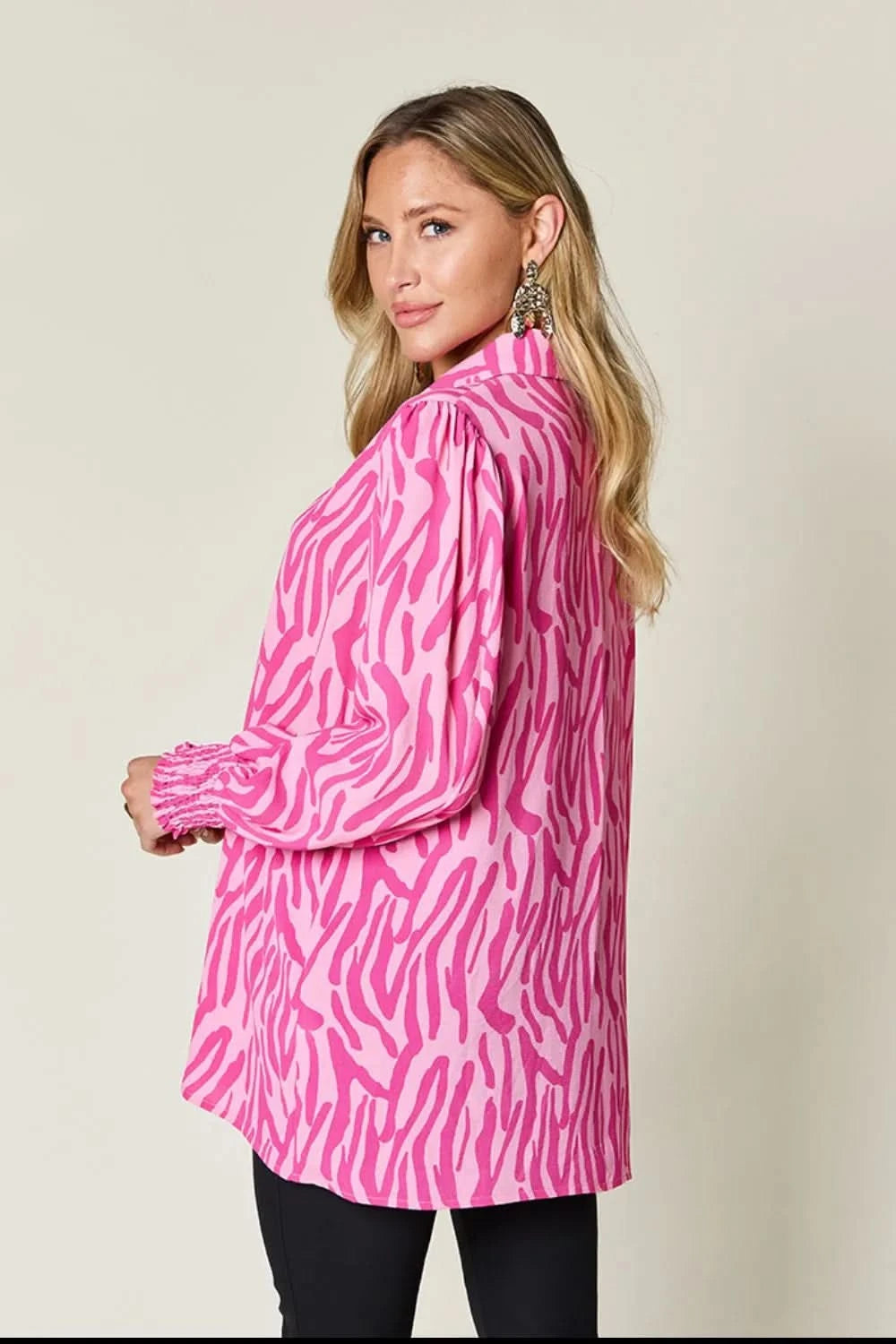 Double Take Full Size Printed Smocked Long Sleeve Blouse Plus Size - ShalayeFashion