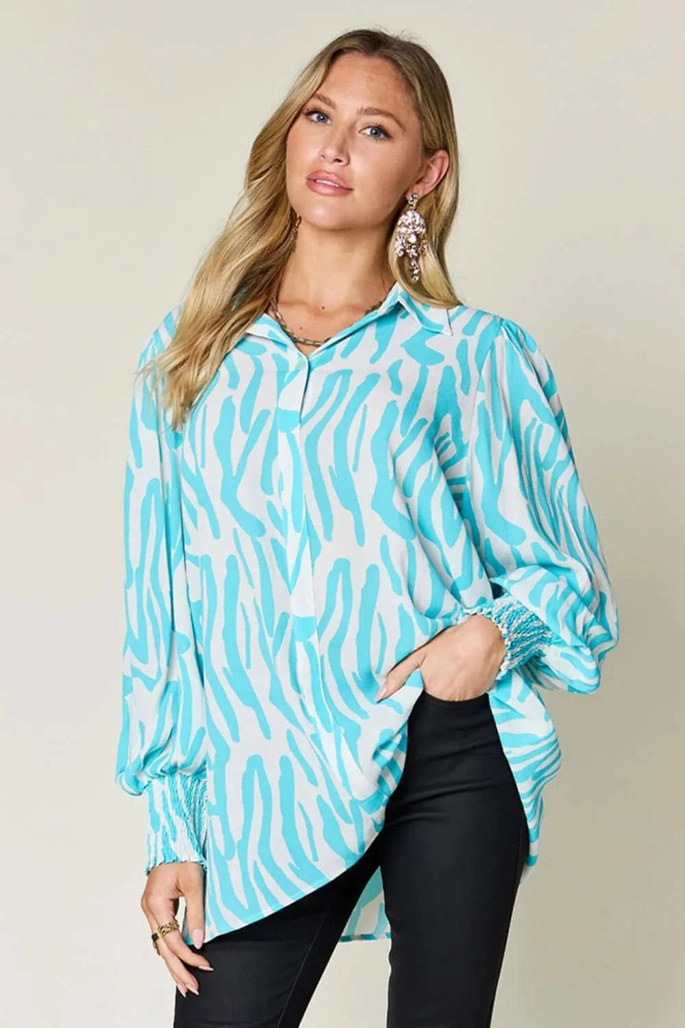 Double Take Full Size Printed Smocked Long Sleeve Blouse Plus Size - ShalayeFashion