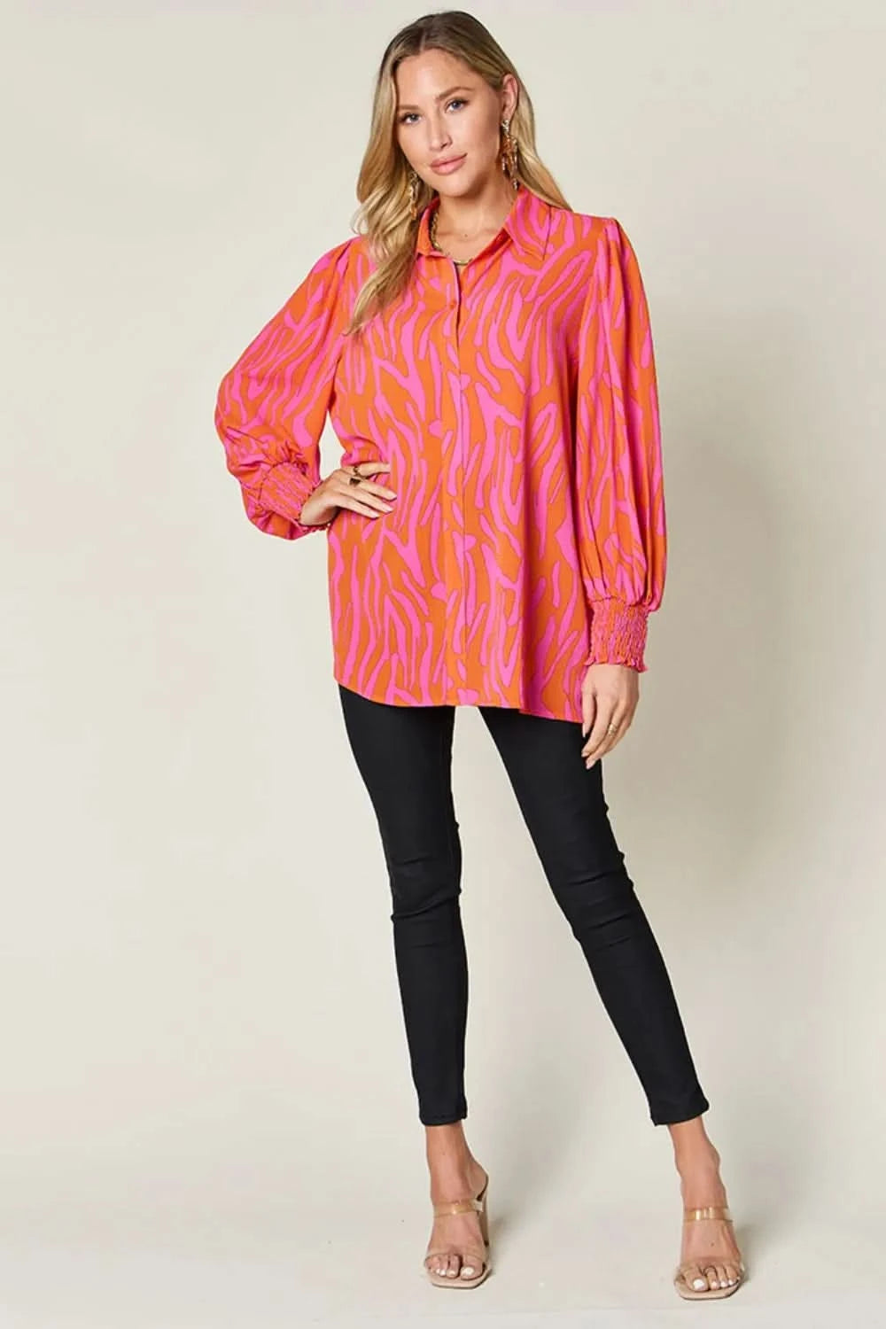 Double Take Full Size Printed Smocked Long Sleeve Blouse Plus Size - ShalayeFashion