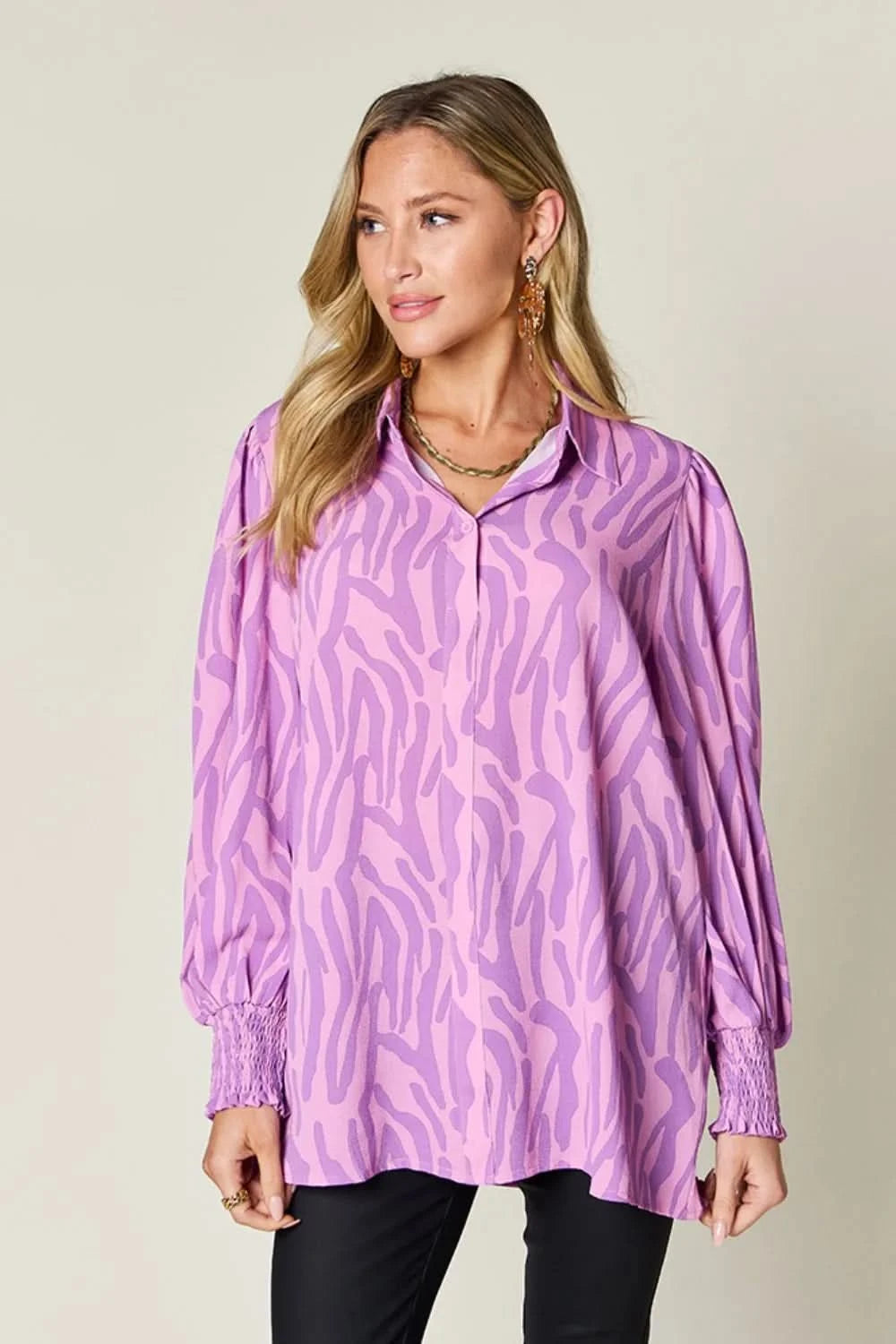 Double Take Full Size Printed Smocked Long Sleeve Blouse Plus Size - ShalayeFashion