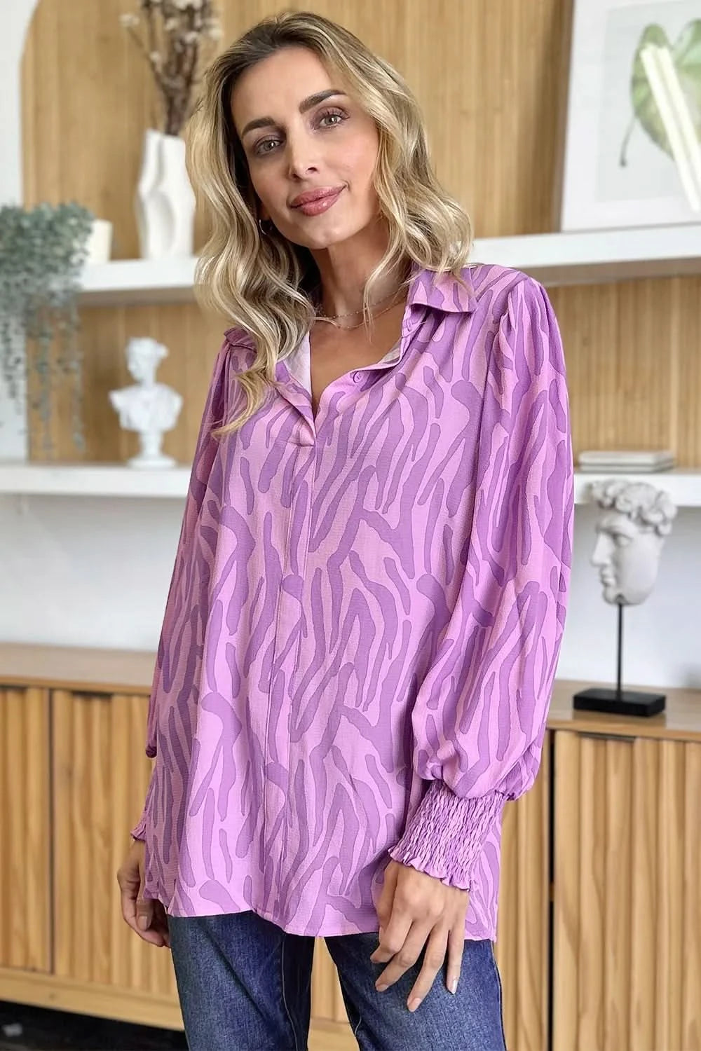 Double Take Full Size Printed Smocked Long Sleeve Blouse Plus Size - ShalayeFashion