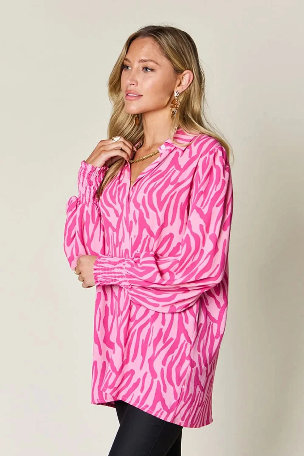 Double Take Full Size Printed Smocked Long Sleeve Blouse Plus Size - ShalayeFashion