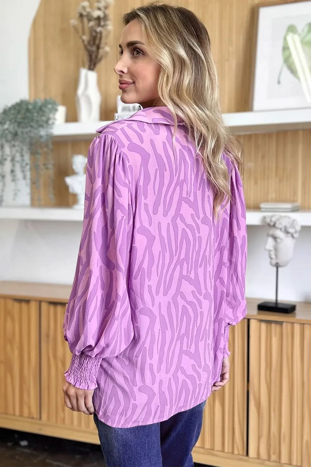 Double Take Full Size Printed Smocked Long Sleeve Blouse Plus Size - ShalayeFashion