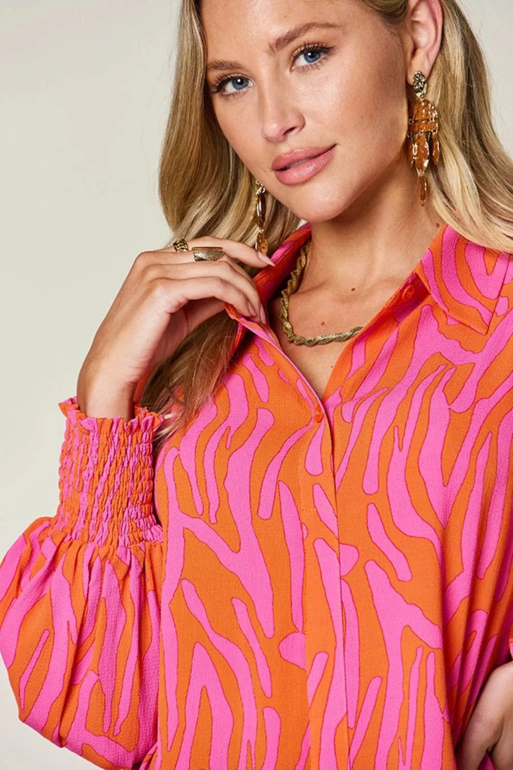 Double Take Full Size Printed Smocked Long Sleeve Blouse Plus Size - ShalayeFashion