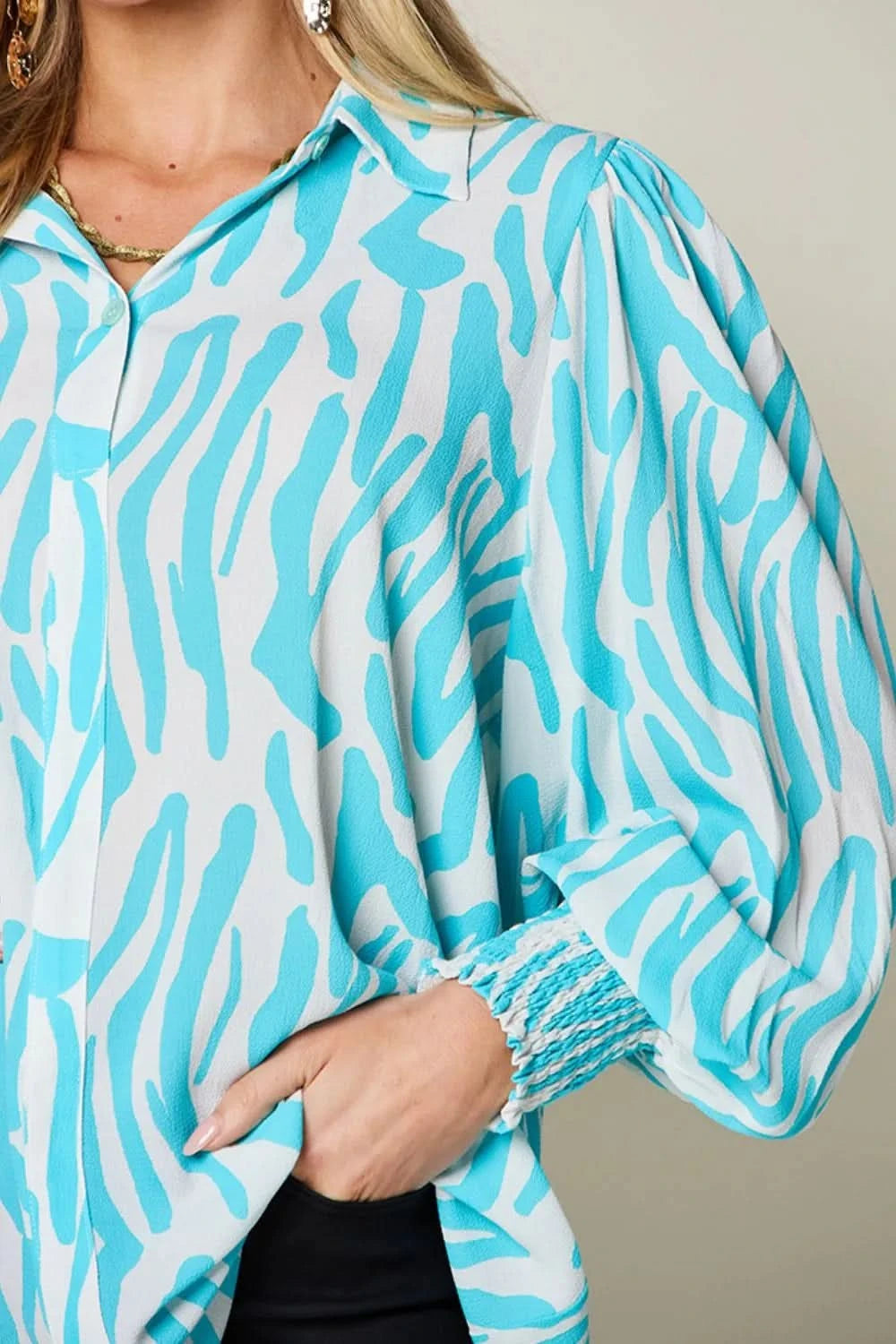 Double Take Full Size Printed Smocked Long Sleeve Blouse Plus Size - ShalayeFashion