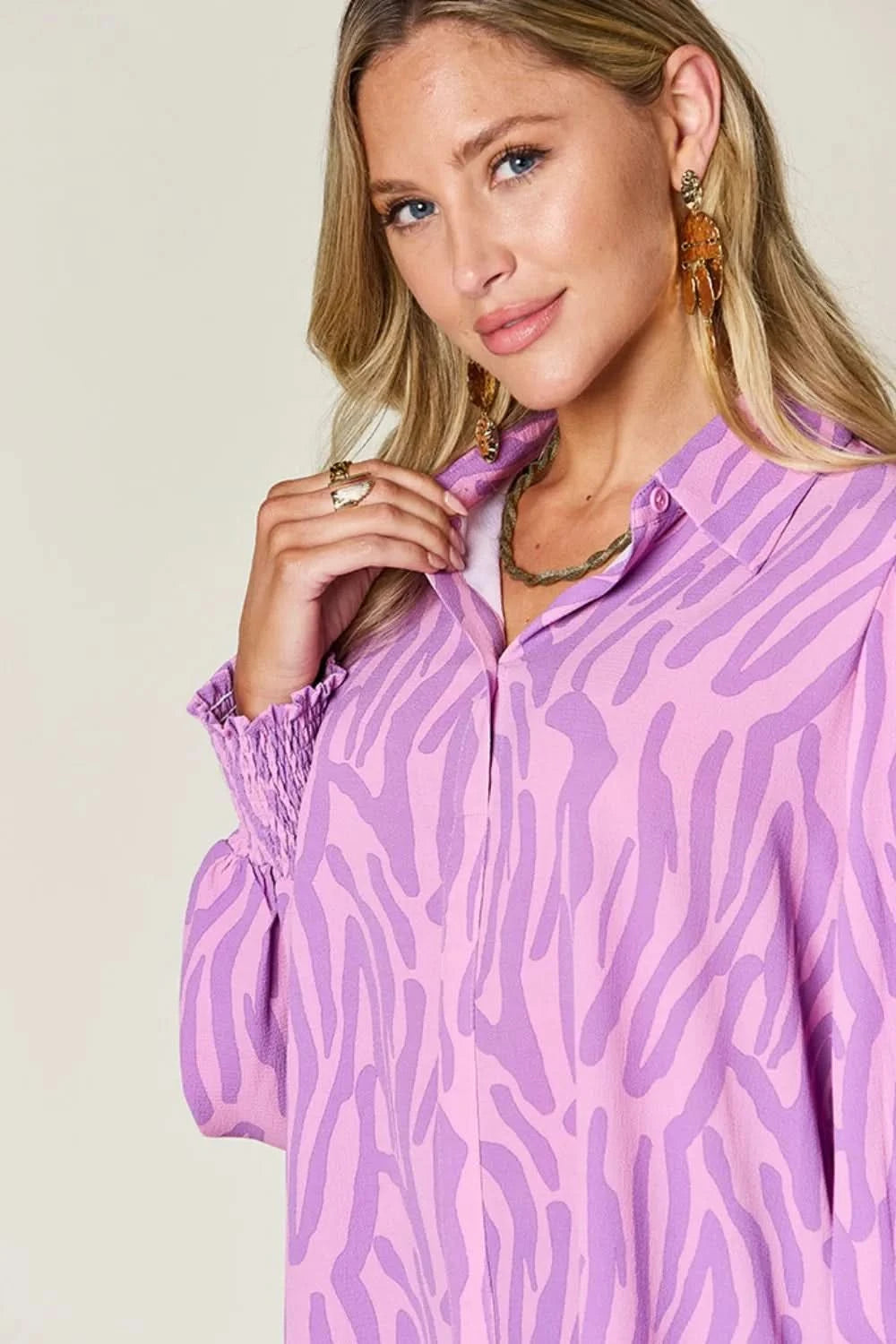 Double Take Full Size Printed Smocked Long Sleeve Blouse Plus Size - ShalayeFashion