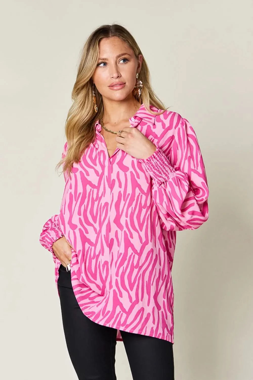 Double Take Full Size Printed Smocked Long Sleeve Blouse Plus Size - ShalayeFashion