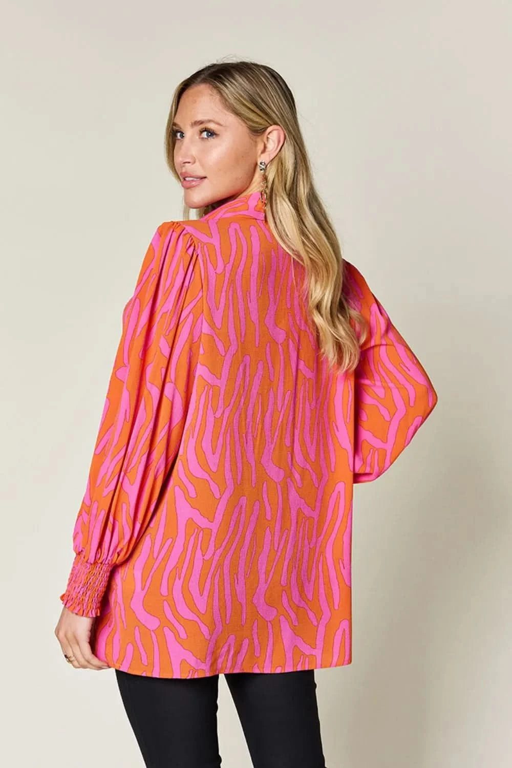 Double Take Full Size Printed Smocked Long Sleeve Blouse Plus Size - ShalayeFashion