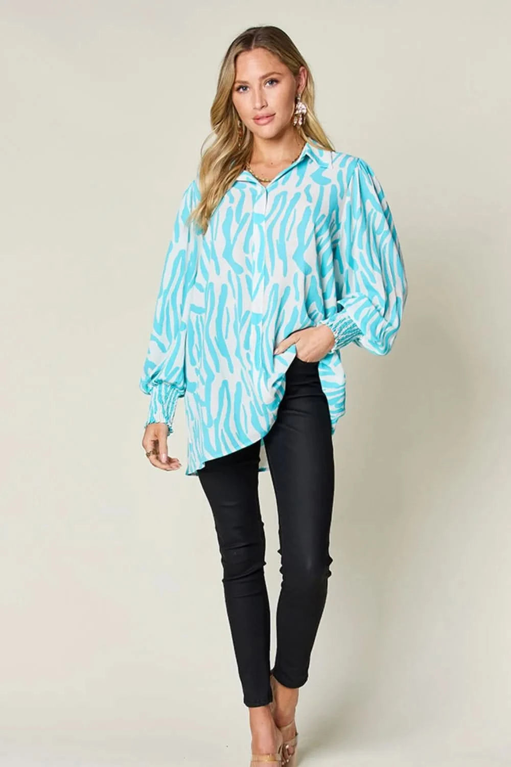 Double Take Full Size Printed Smocked Long Sleeve Blouse Plus Size - ShalayeFashion