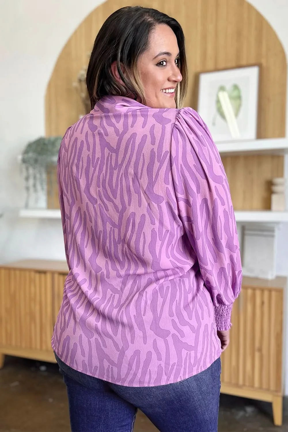 Double Take Full Size Printed Smocked Long Sleeve Blouse Plus Size - ShalayeFashion