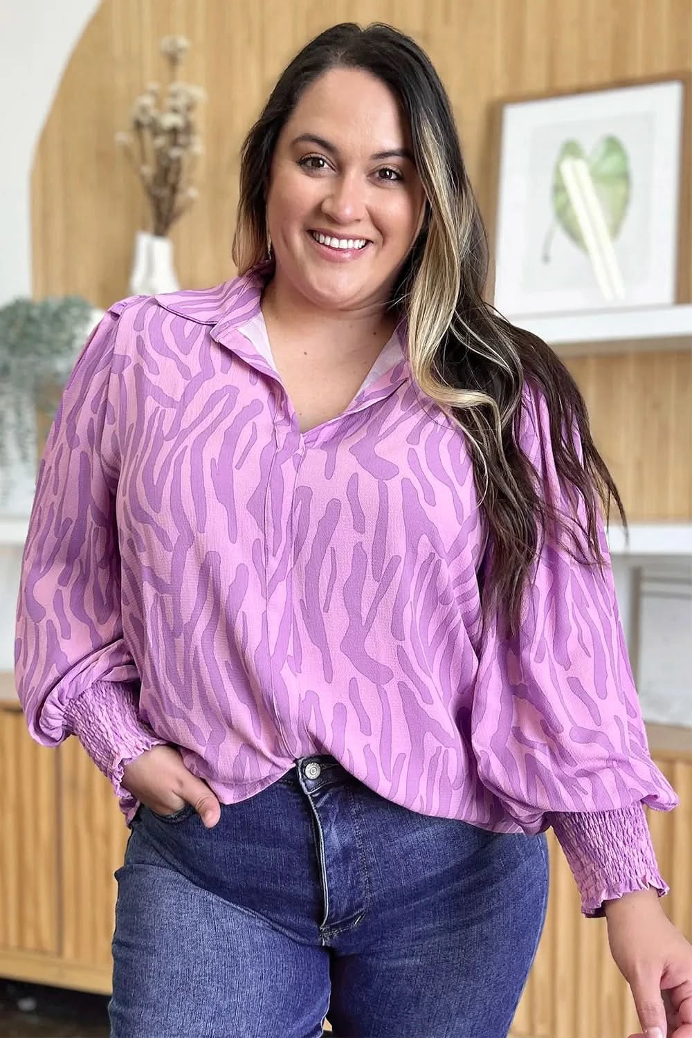 Double Take Full Size Printed Smocked Long Sleeve Blouse Plus Size - ShalayeFashion