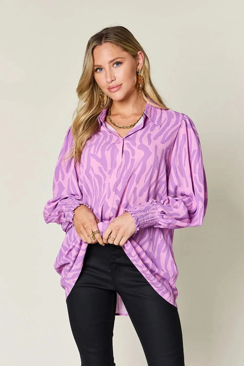 Double Take Full Size Printed Smocked Long Sleeve Blouse Plus Size - ShalayeFashion