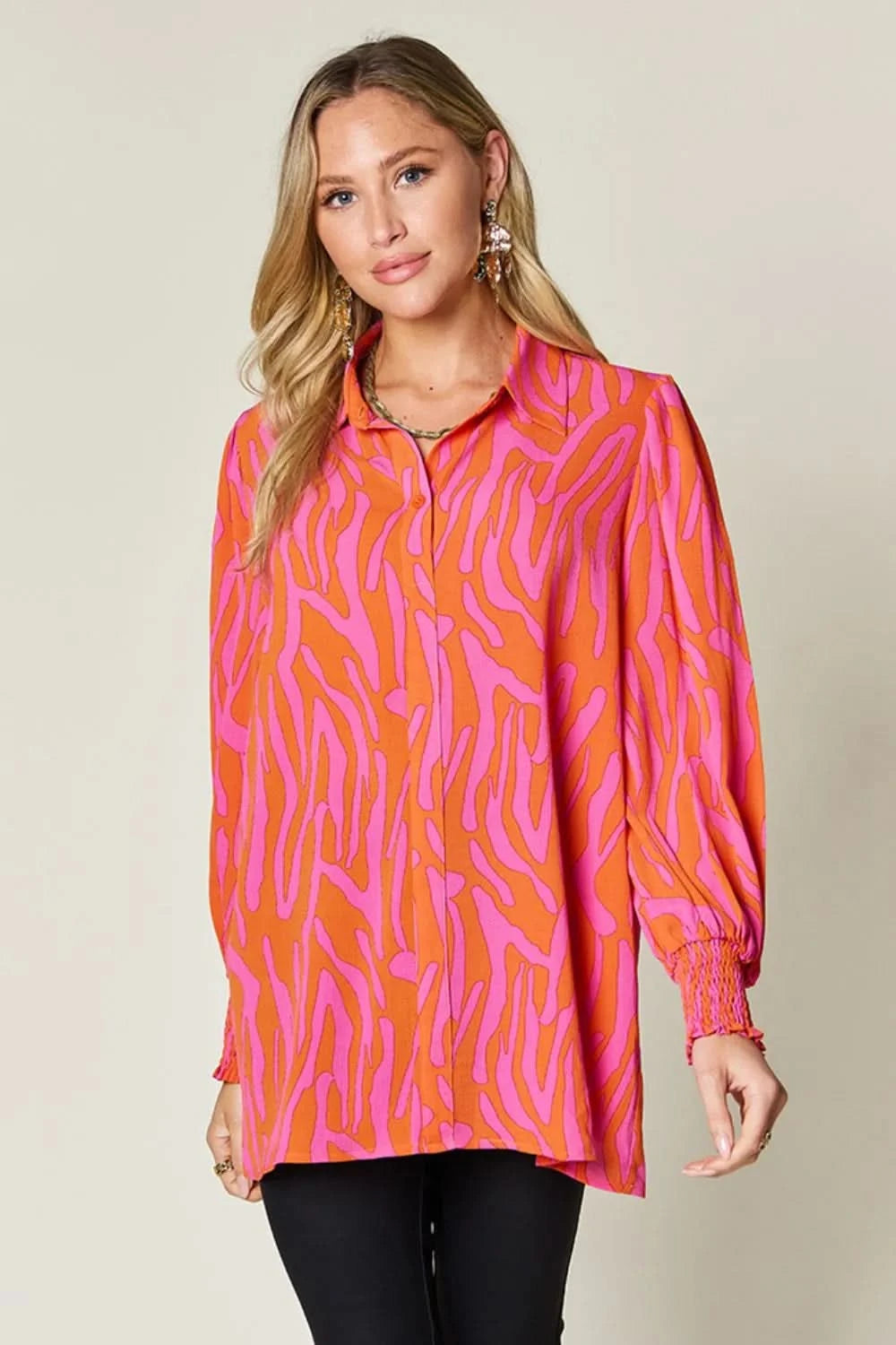 Double Take Full Size Printed Smocked Long Sleeve Blouse Plus Size - ShalayeFashion