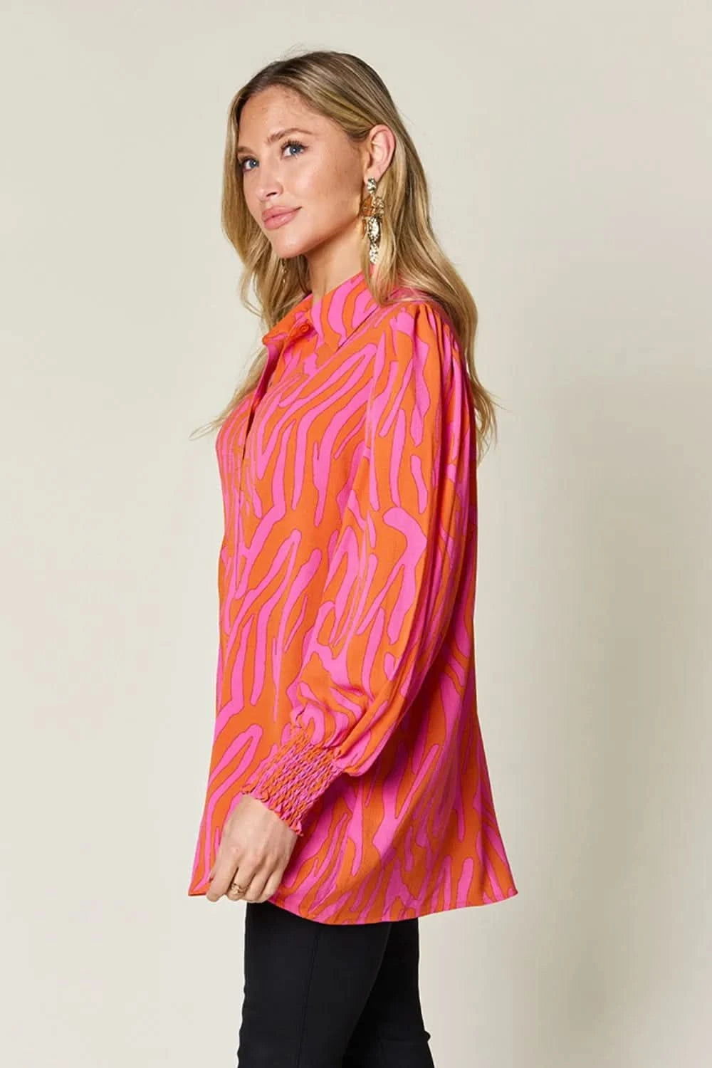 Double Take Full Size Printed Smocked Long Sleeve Blouse Plus Size - ShalayeFashion