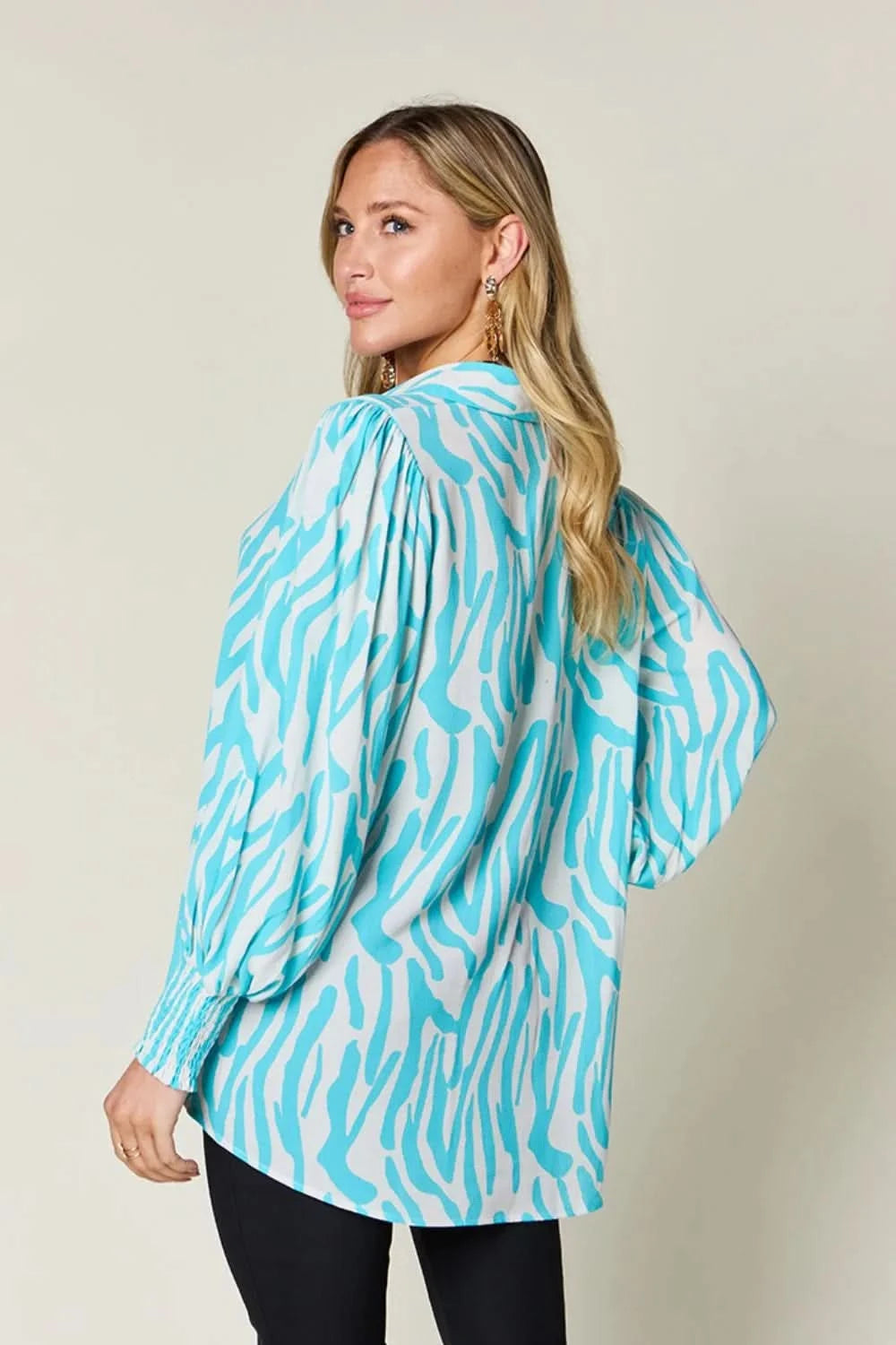 Double Take Full Size Printed Smocked Long Sleeve Blouse Plus Size - ShalayeFashion