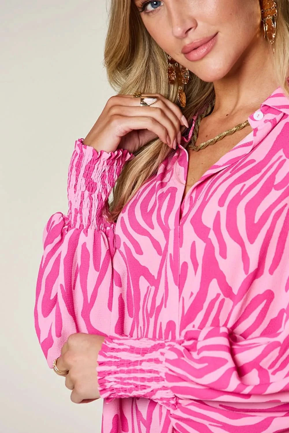 Double Take Full Size Printed Smocked Long Sleeve Blouse Plus Size - ShalayeFashion