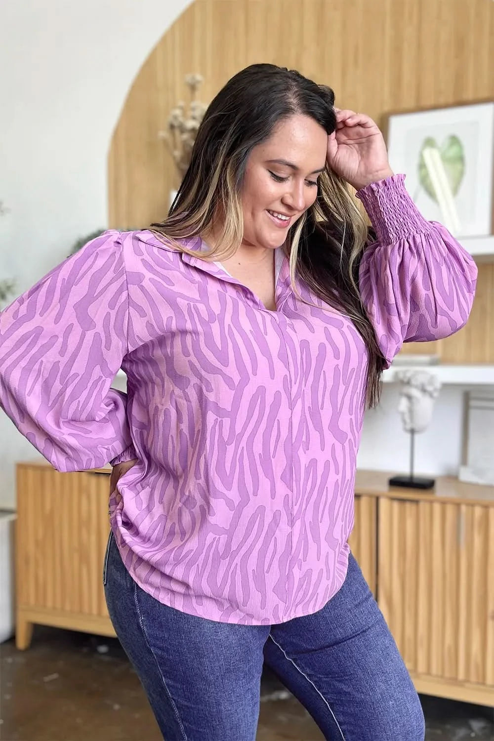 Double Take Full Size Printed Smocked Long Sleeve Blouse Plus Size - ShalayeFashion