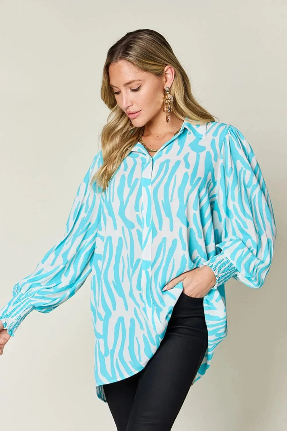 Double Take Full Size Printed Smocked Long Sleeve Blouse Plus Size - ShalayeFashion