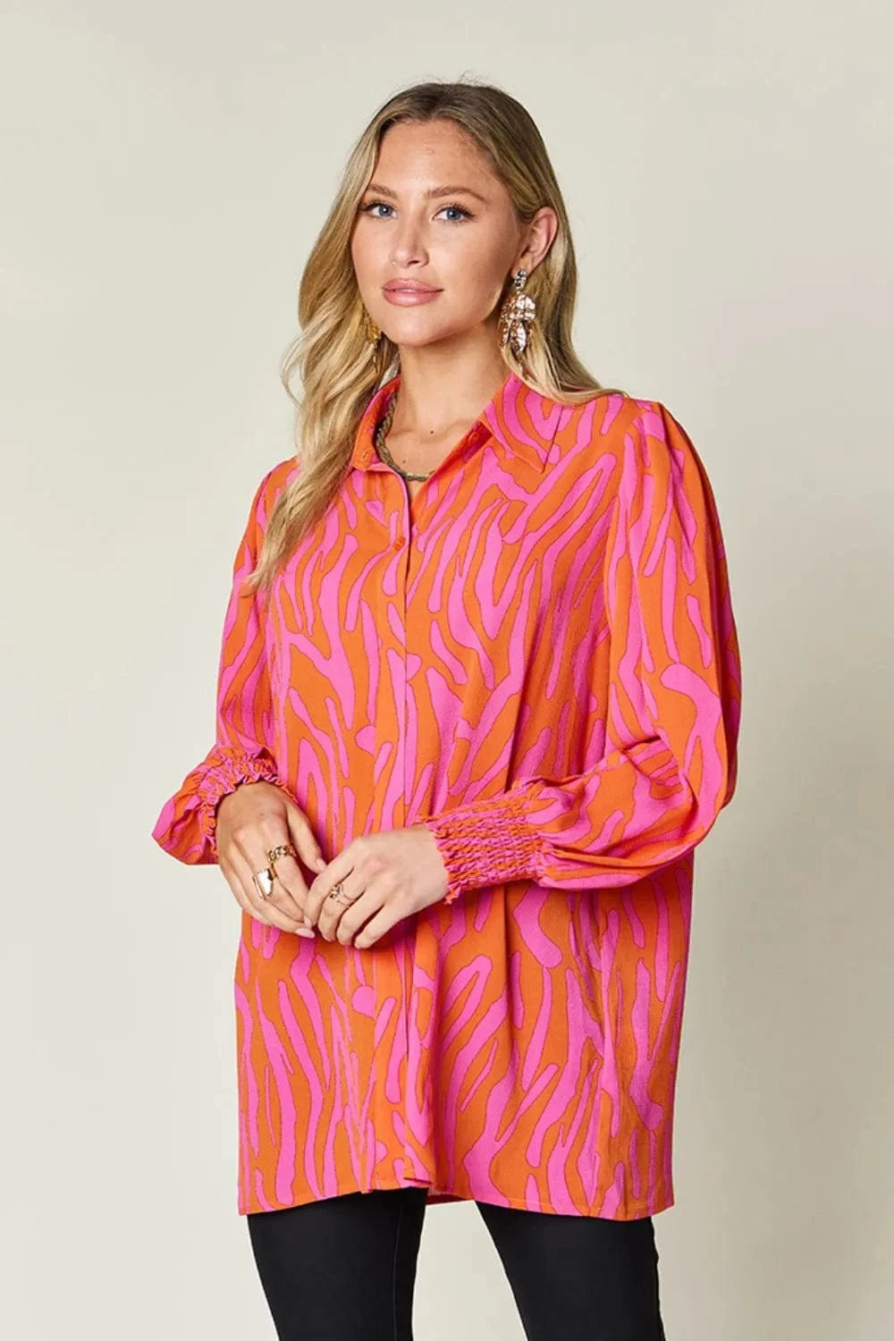 Double Take Full Size Printed Smocked Long Sleeve Blouse Plus Size - ShalayeFashion