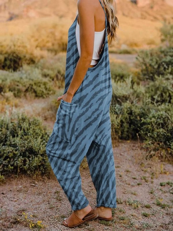 Double Take Full Size Printed V - Neck Sleeveless Jumpsuit - ShalayeFashion