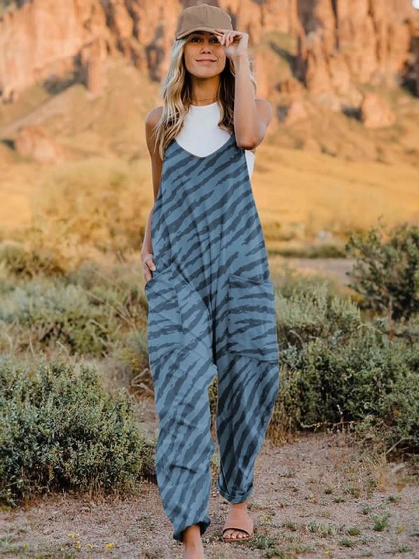 Double Take Full Size Printed V - Neck Sleeveless Jumpsuit - ShalayeFashion