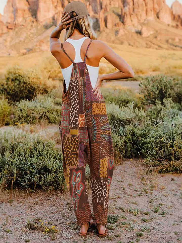 Double Take Full Size Printed V - Neck Sleeveless Jumpsuit - ShalayeFashion