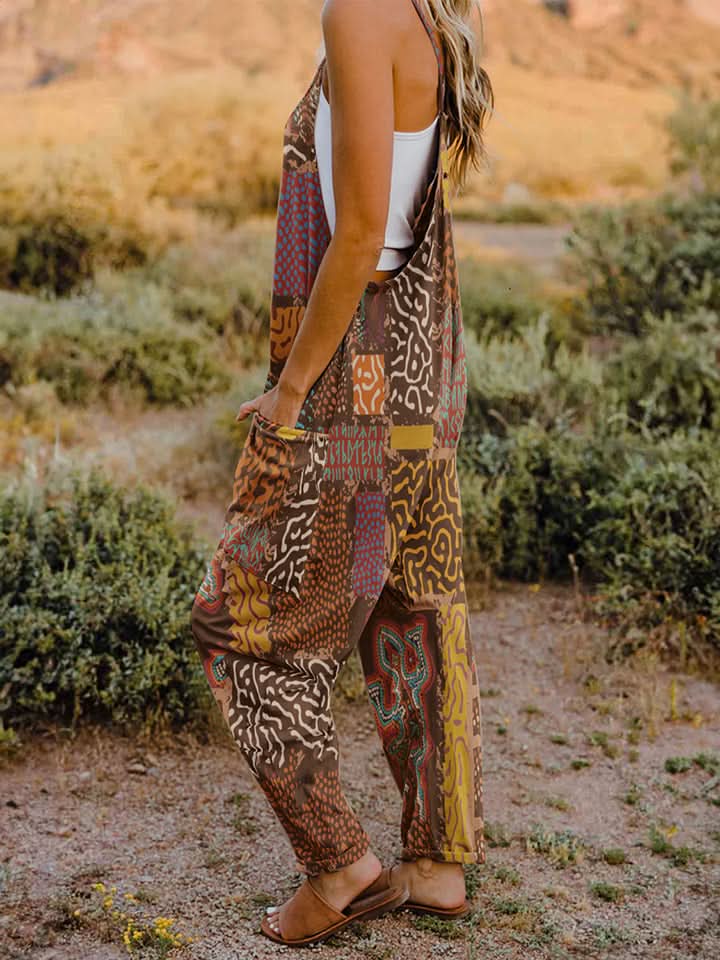 Double Take Full Size Printed V - Neck Sleeveless Jumpsuit - ShalayeFashion