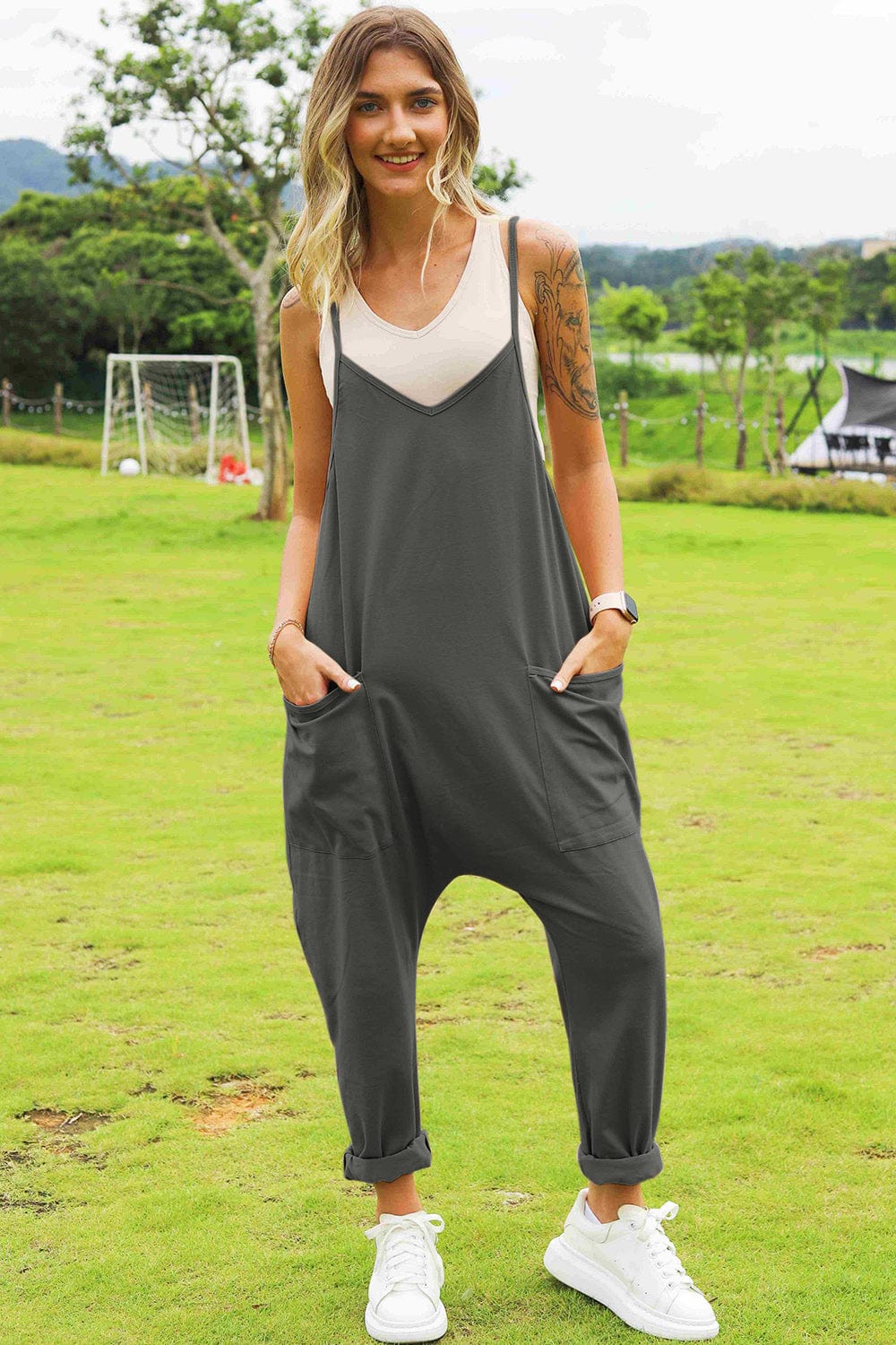 Double Take Full Size Sleeveless V - Neck Pocketed Jumpsuit - ShalayeFashion