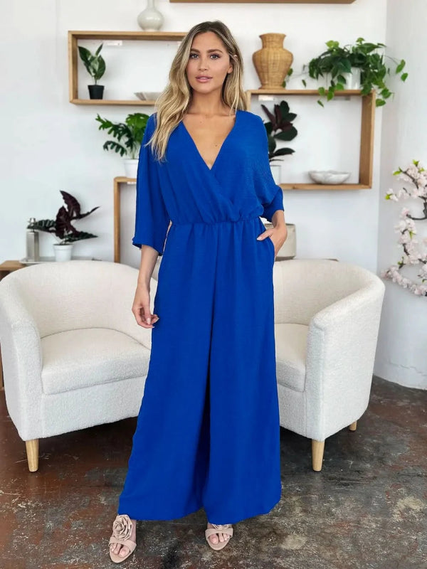 Double Take Full Size Surplice Wide Leg Jumpsuit with Pockets - ShalayeFashion