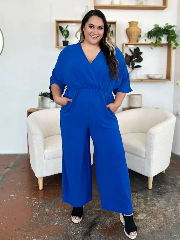 Double Take Full Size Surplice Wide Leg Jumpsuit with Pockets - ShalayeFashion