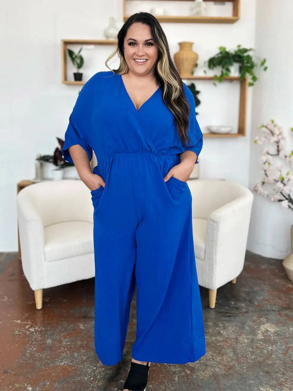 Double Take Full Size Surplice Wide Leg Jumpsuit with Pockets - ShalayeFashion