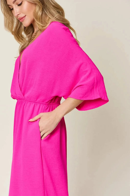 Double Take Full Size Surplice Wide Leg Jumpsuit with Pockets - ShalayeFashion