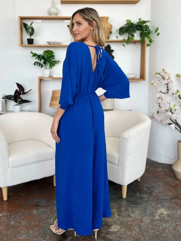 Double Take Full Size Surplice Wide Leg Jumpsuit with Pockets - ShalayeFashion