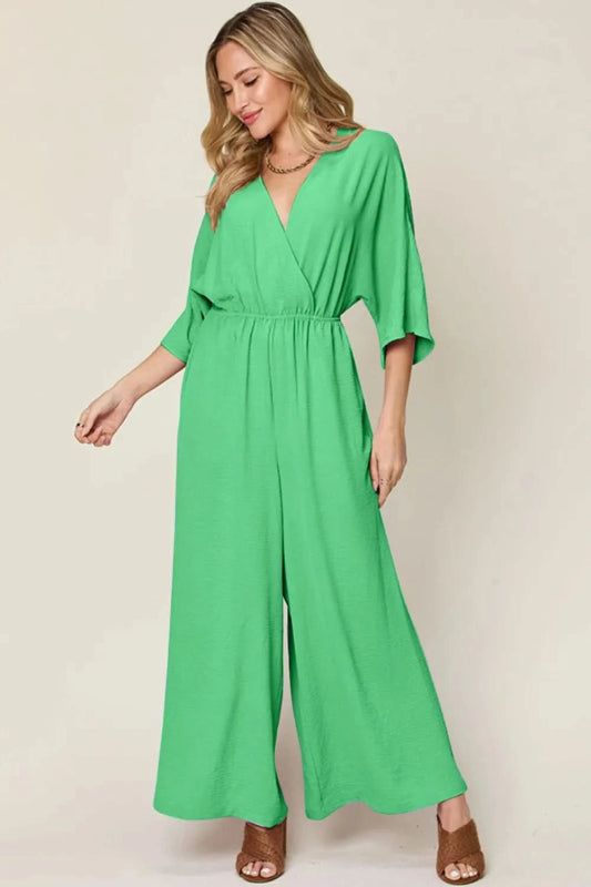 Double Take Full Size Surplice Wide Leg Jumpsuit with Pockets - ShalayeFashion