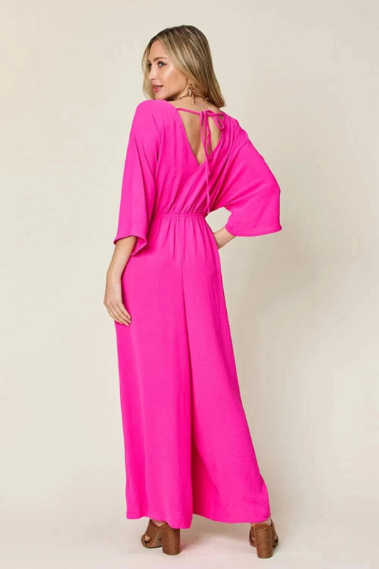 Double Take Full Size Surplice Wide Leg Jumpsuit with Pockets - ShalayeFashion